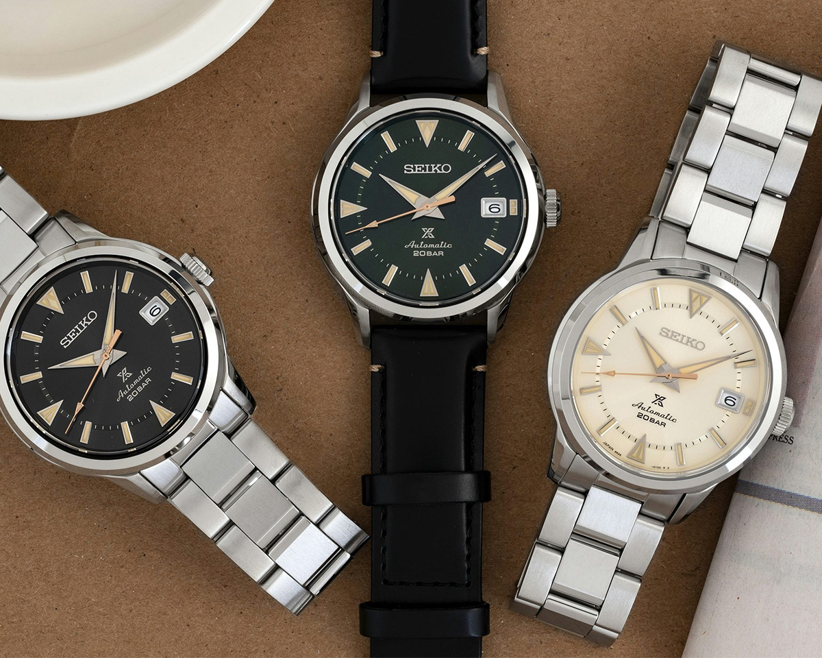 3 phiên bản Seiko Baby Alpinist lần lượt từ trái sang SPB243 (đen xám), SPB245 (xanh lá), , SPB241 (kem).