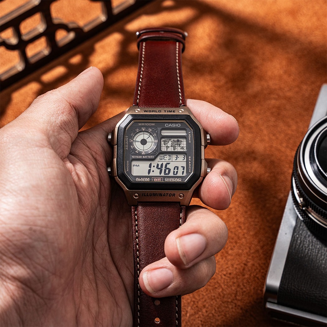 Đồng hồ Casio mặt vuông dây da chính hãng