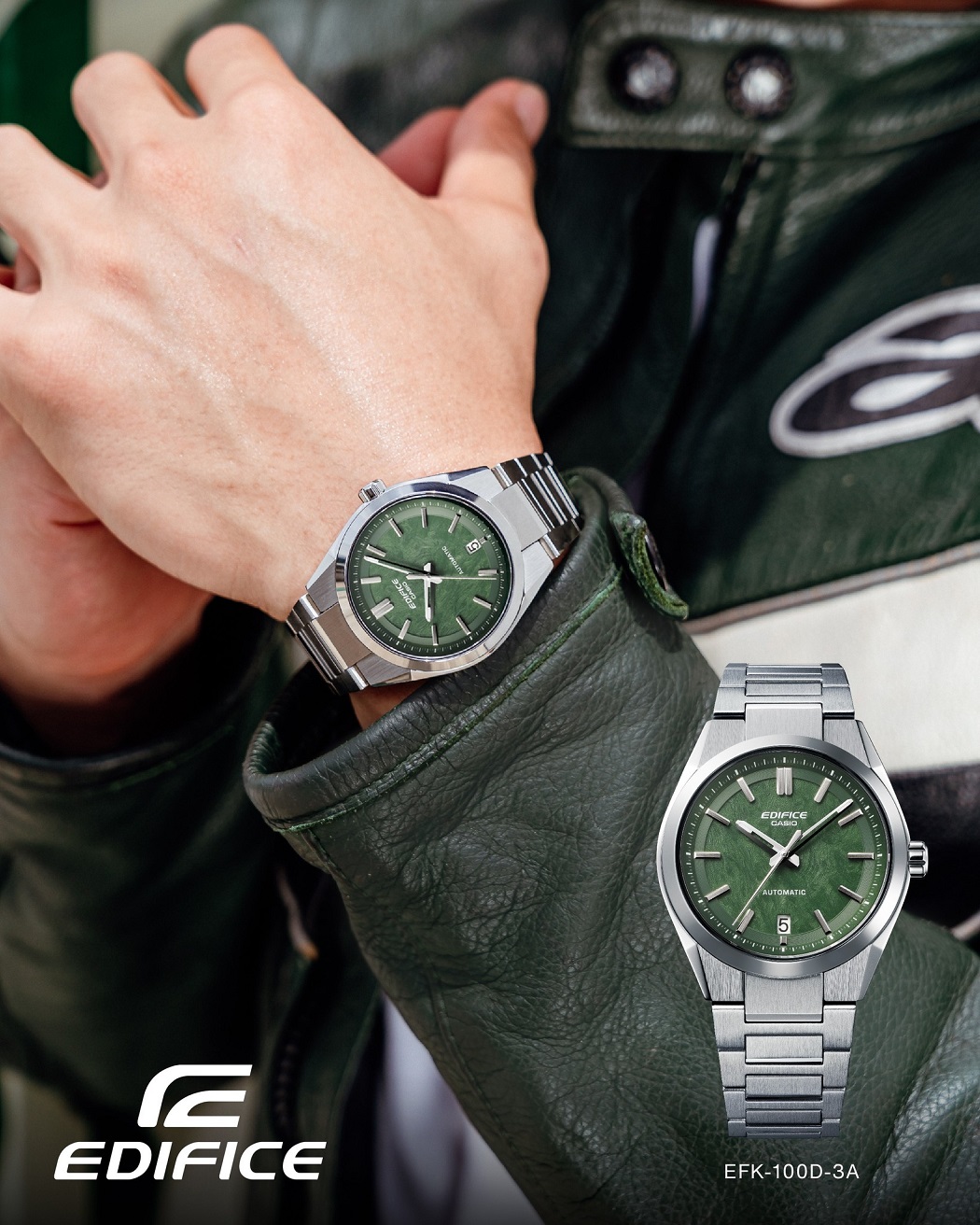 Trên tay là mẫu đồng hồ Casio màu xanh lá cây