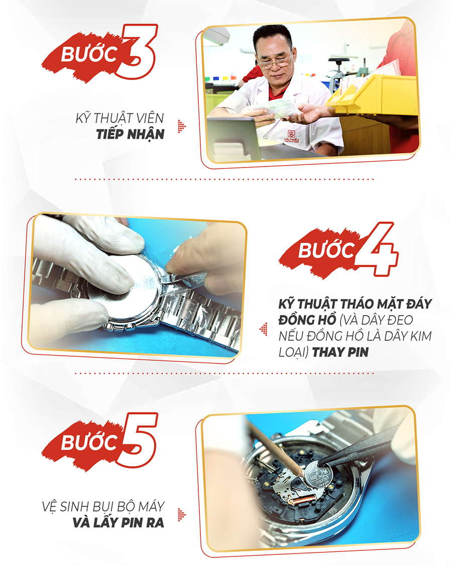 Bước 3: Kỹ thuật viên tiếp nhận
Bước 4: Tháo nắp đáy
Bước 5: Vệ sinh bụi bộ máy và lấy pin ra