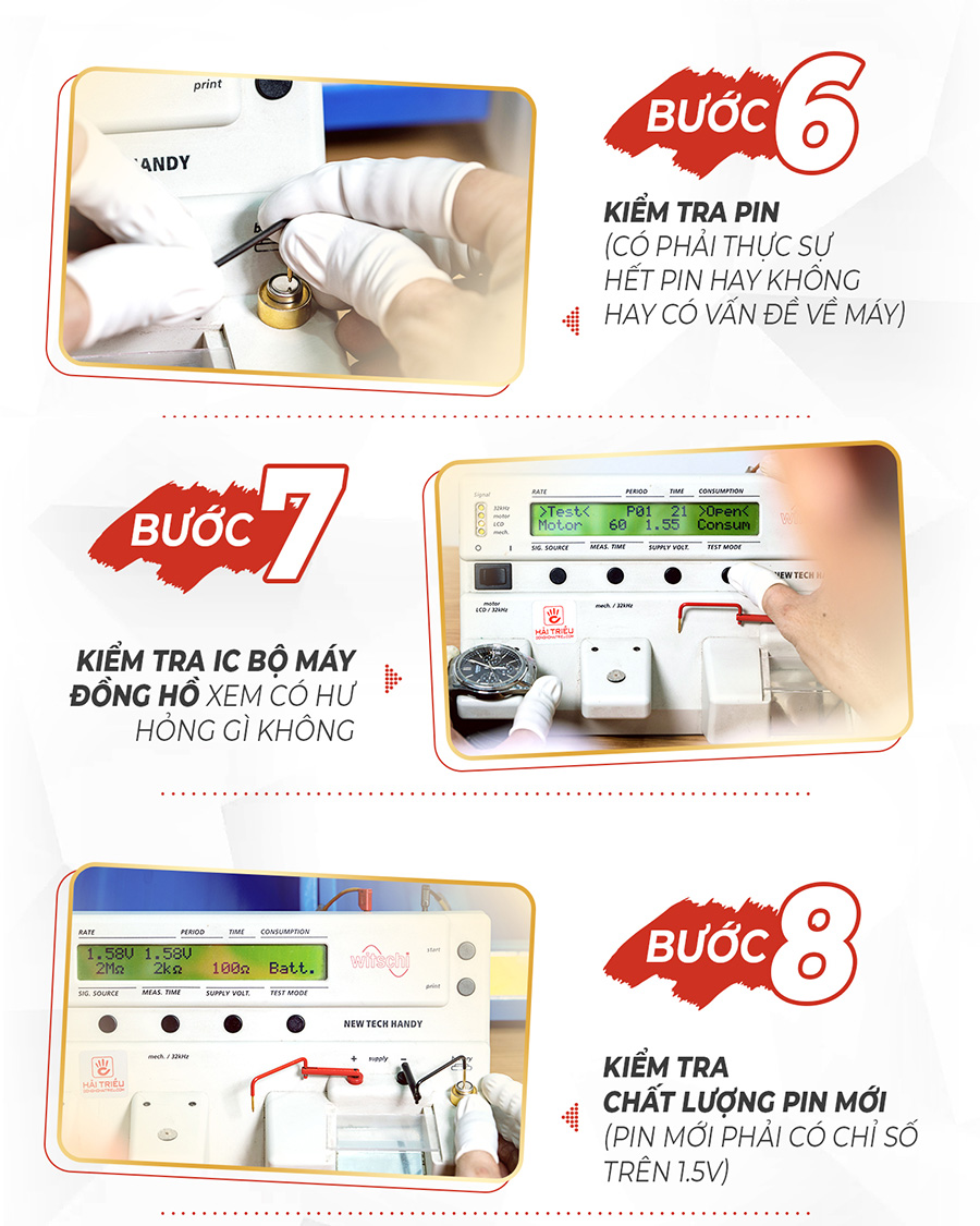 Bước 6: Kiểm tra pin
Bước 7: Kiểm tra IC bộ máy đồng hồ
Bước 8: Kiếm tra chất lượng pin mới