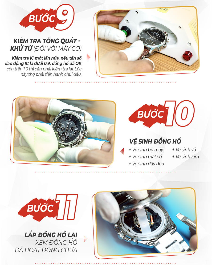 Bước 9: Kiểm tra tổng quát
Bước 10: vệ sinh đồng hồ
Bước 11: Lắp đồng hồ lại xem đồng hồ đã hoạt động chưa