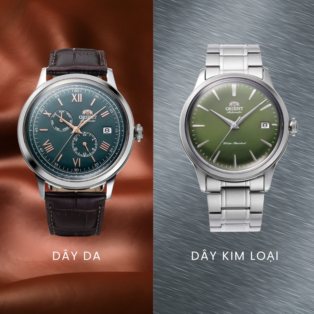 hai loại dây đeo da và kim loại cho đồng hồ Orient mặt xanh lá