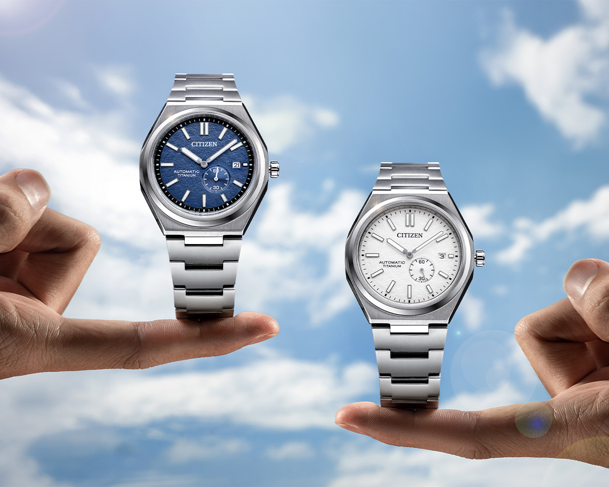 Hai mẫu đồng hồ Citizen Zenshin Automatic Super Titanium gồm NJ0180-80A mặt số trắng và NJ0180-80L mặt số xanh.