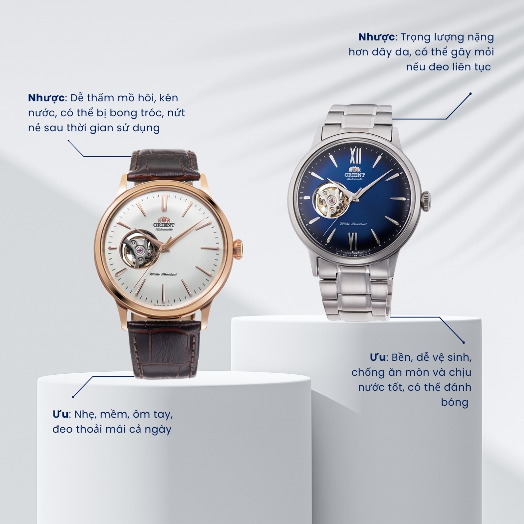 so sánh dây da và dây kim loại đồng hồ Orient Bambino open heart
