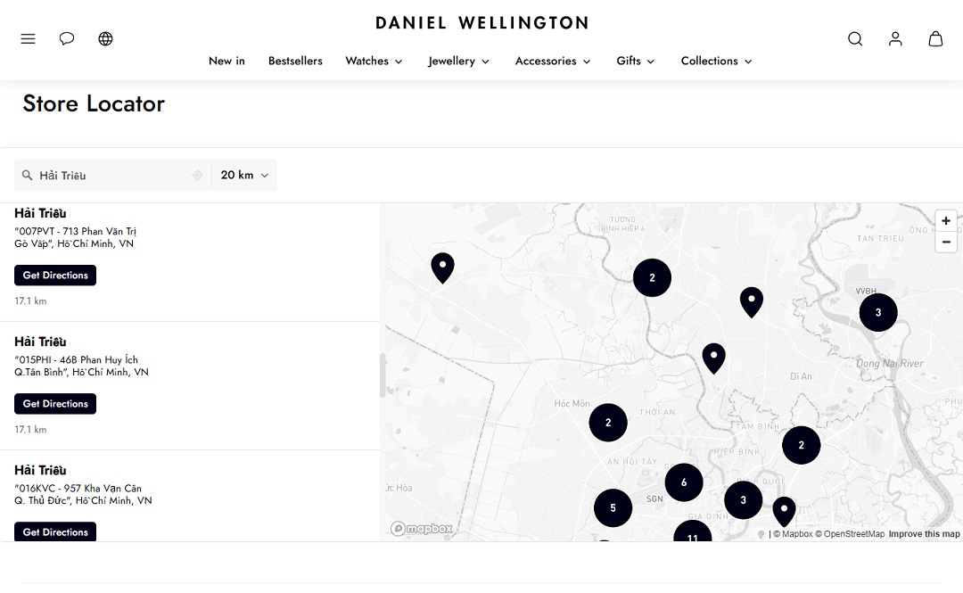 Ảnh chụp màn hình danh sách đại lý đồng hồ Daniel Wellington trên website toàn cầu của thương hiệu
