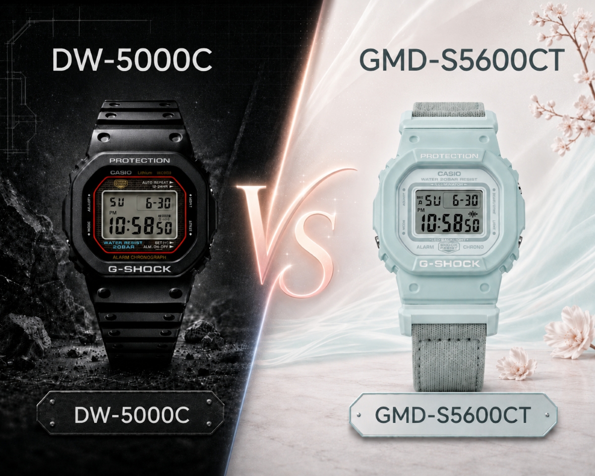 So sánh đồng hồ G-Shock DW-5000C và G-Shock nữ GMD-S5600CT dáng vuông retro.