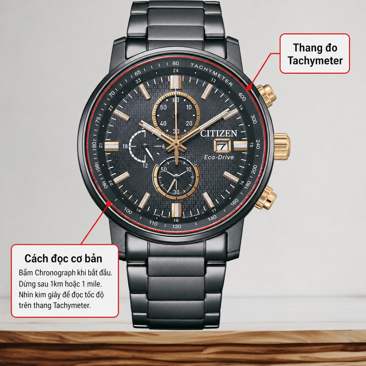 Hướng dẫn cách sử dụng và đọc thang đo Tachymeter trên đồng hồ Citizen C0846-81E.