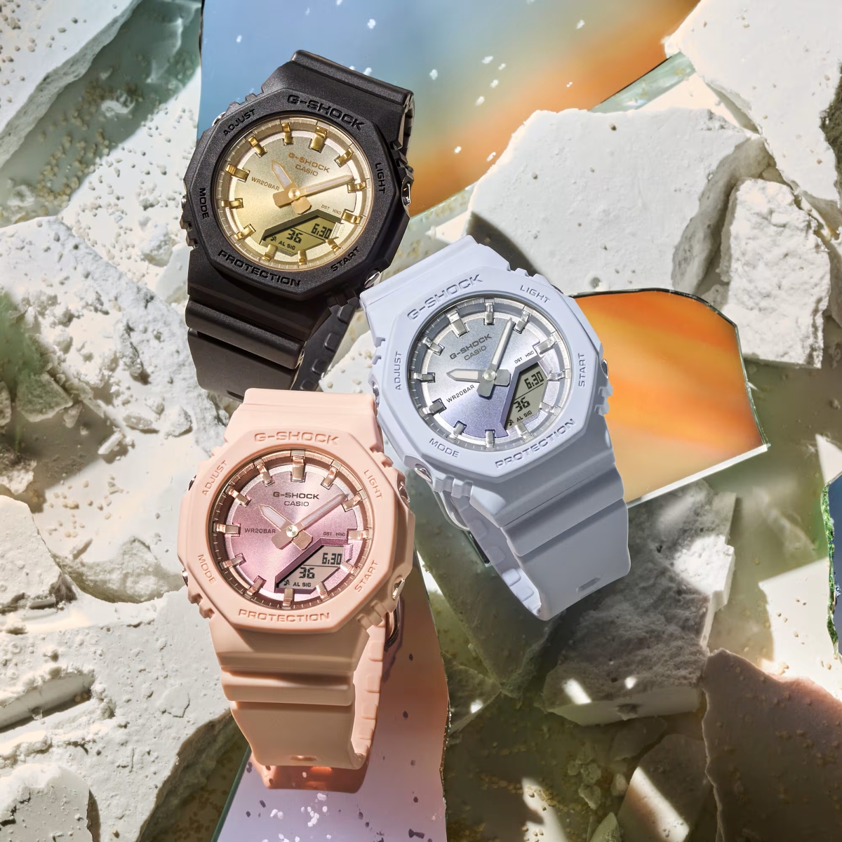 Bộ sưu tập G-Shock nữ mặt bát giác màu đen, hồng và xanh pastel, thiết kế cá tính dễ phối đồ.