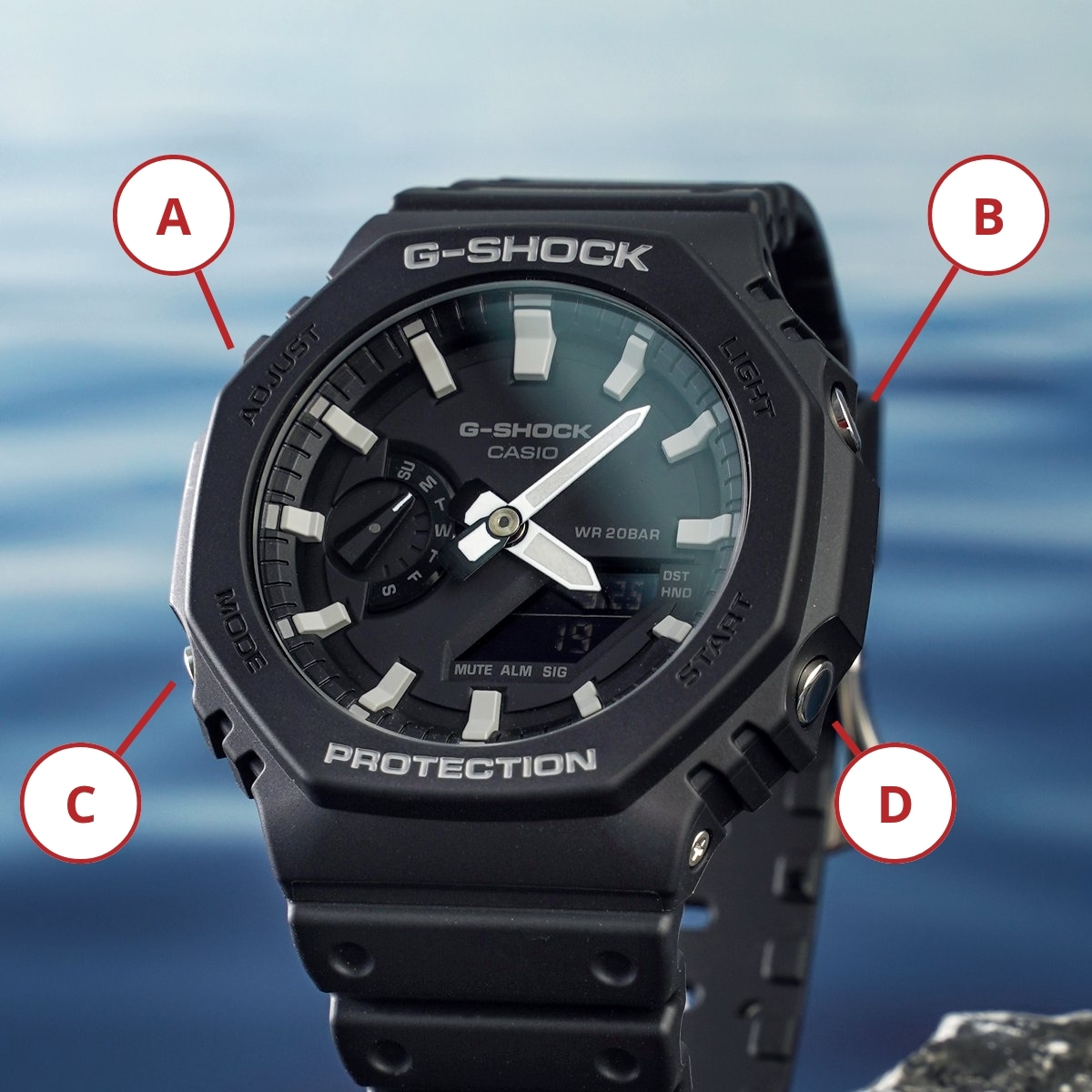 Sơ đồ các nút chỉnh giờ trên G-Shock GA-2100.