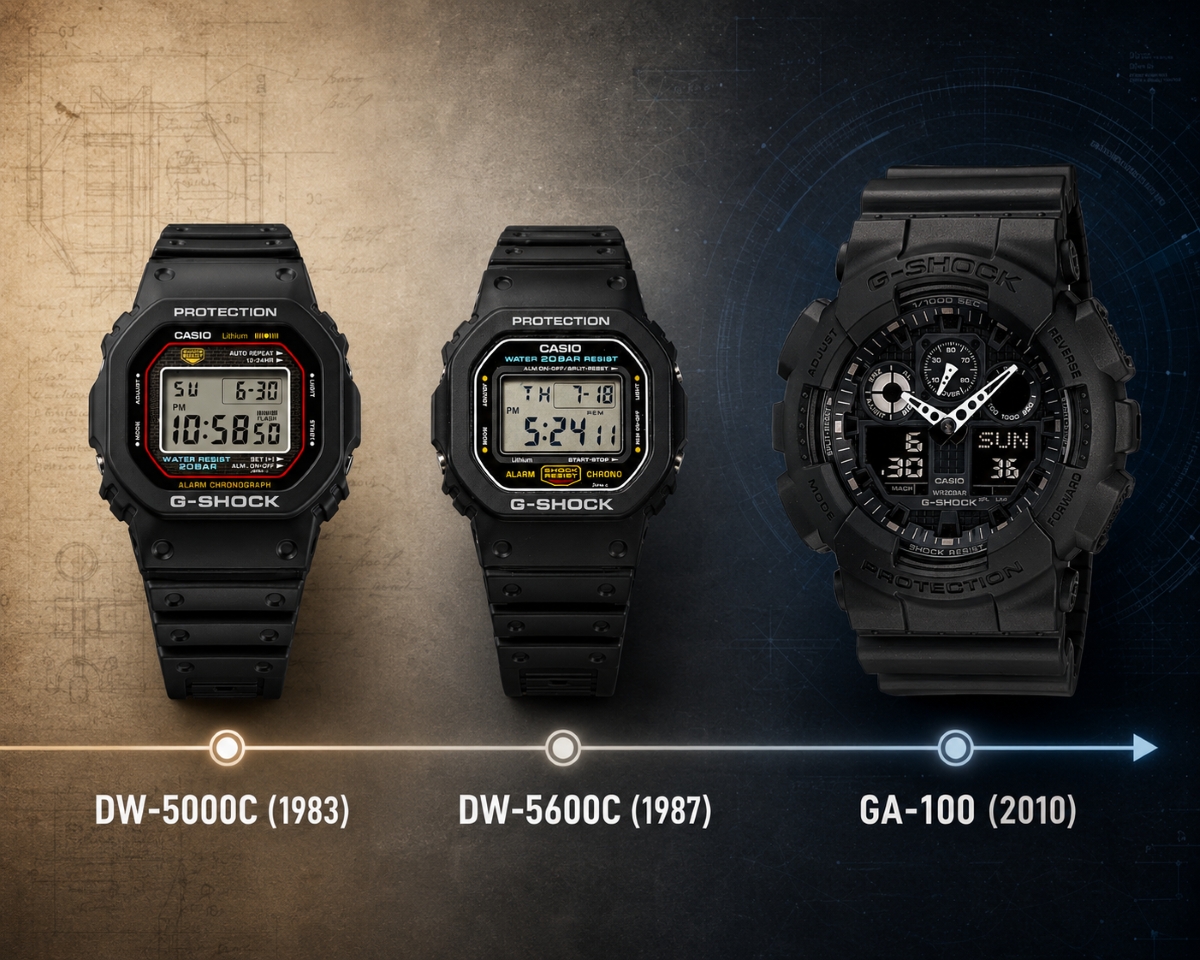 Lịch sử G-Shock từ DW-5000C năm 1983, DW-5600C năm 1987 đến GA-100 năm 2010.