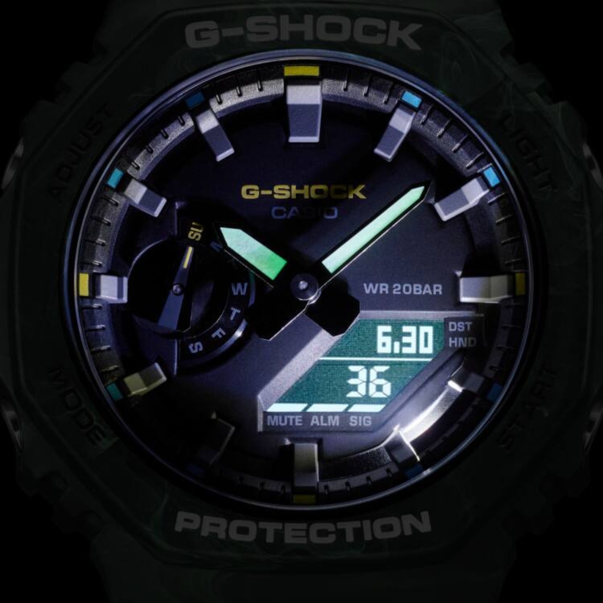 Đèn LED trên G-Shock GA-2100 giúp xem giờ trong điều kiện thiếu sáng.
