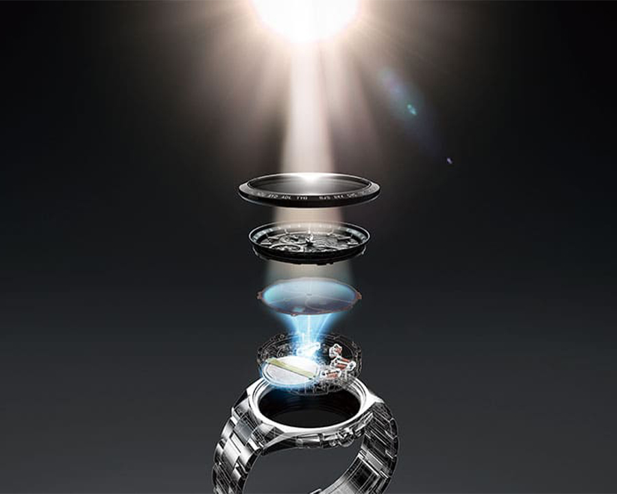 Mô phỏng các lớp linh kiện bên trong đồng hồ Citizen Eco-Drive đang đón ánh sáng để chuyển hóa thành năng lượng.