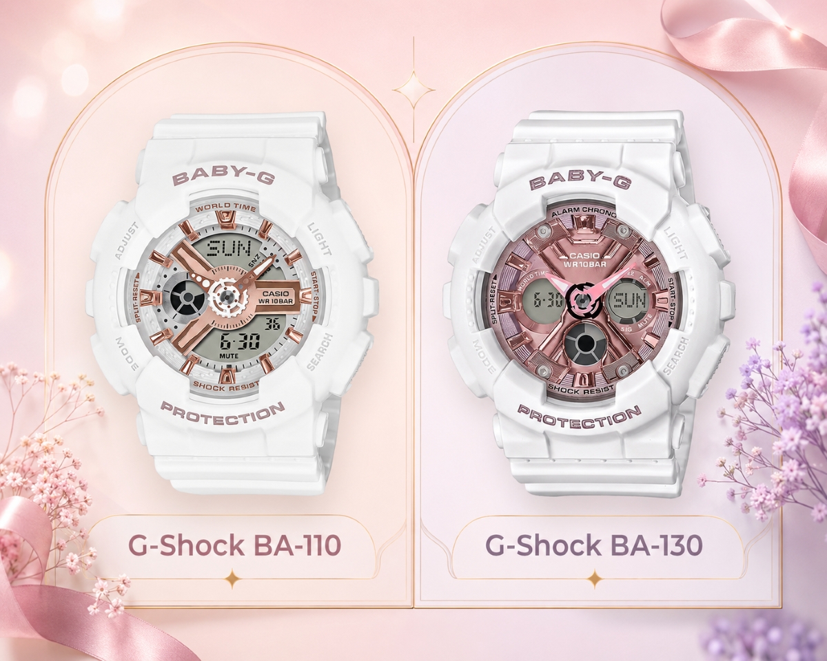 So sánh Baby-G BA-110 và Baby-G BA-130, hai mẫu G-Shock nữ mặt lớn nổi bật.