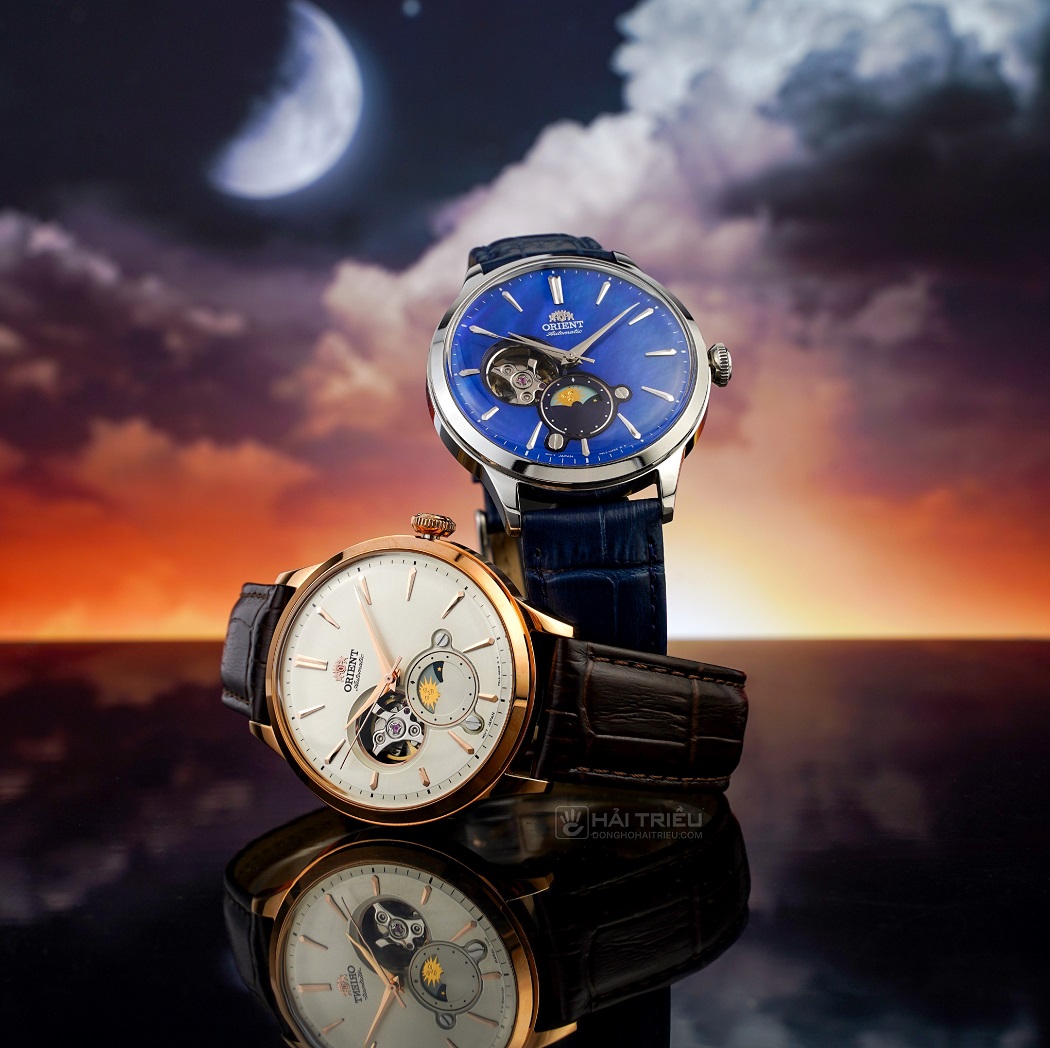 Đồng hồ Orient nam dây da có thiết kế mặt số Sun and Moon