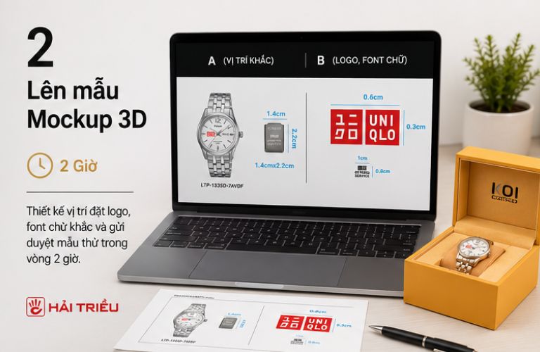 Bước 2: Lên mẫu Mockup 3D: Thiết kế vị trí đặt logo, font chữ khắc và gửi duyệt mẫu thử trong vòng 2 giờ.