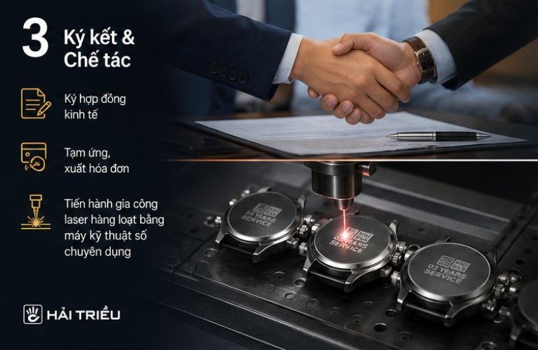 Bước 3: Ký kết & Chế tác: Ký hợp đồng kinh tế, tạm ứng, xuất hóa đơn và tiến hành gia công laser hàng loạt bằng máy kỹ thuật số chuyên dụng.