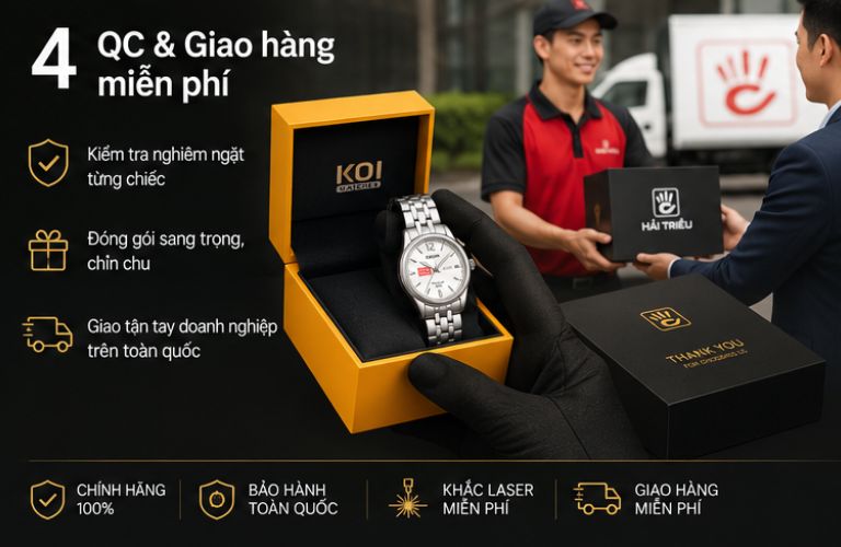 Bước 4: QC & Giao hàng miễn phí: Kiểm tra nghiêm ngặt từng chiếc, đóng gói sang trọng và giao tận tay doanh nghiệp trên toàn quốc