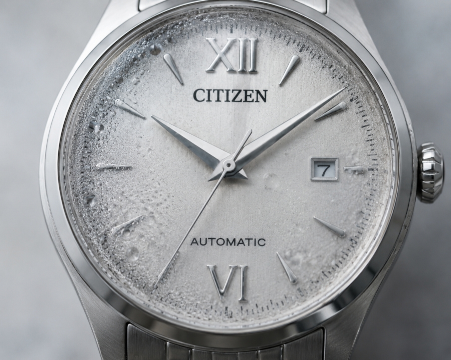 Mặt đồng hồ Citizen Automatic bị hấp hơi nước và đọng sương dày đặc bên trong mặt số.