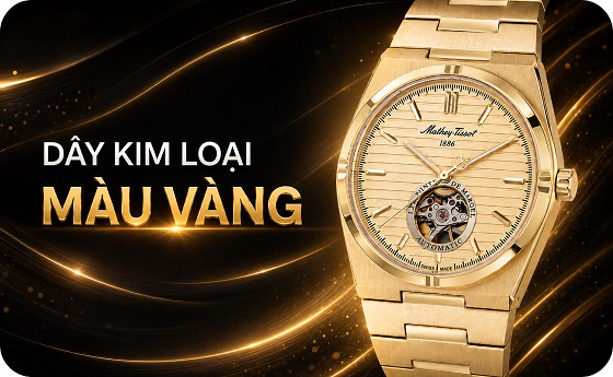 Đồng hồ nam dây kim loại màu vàng chính hãng