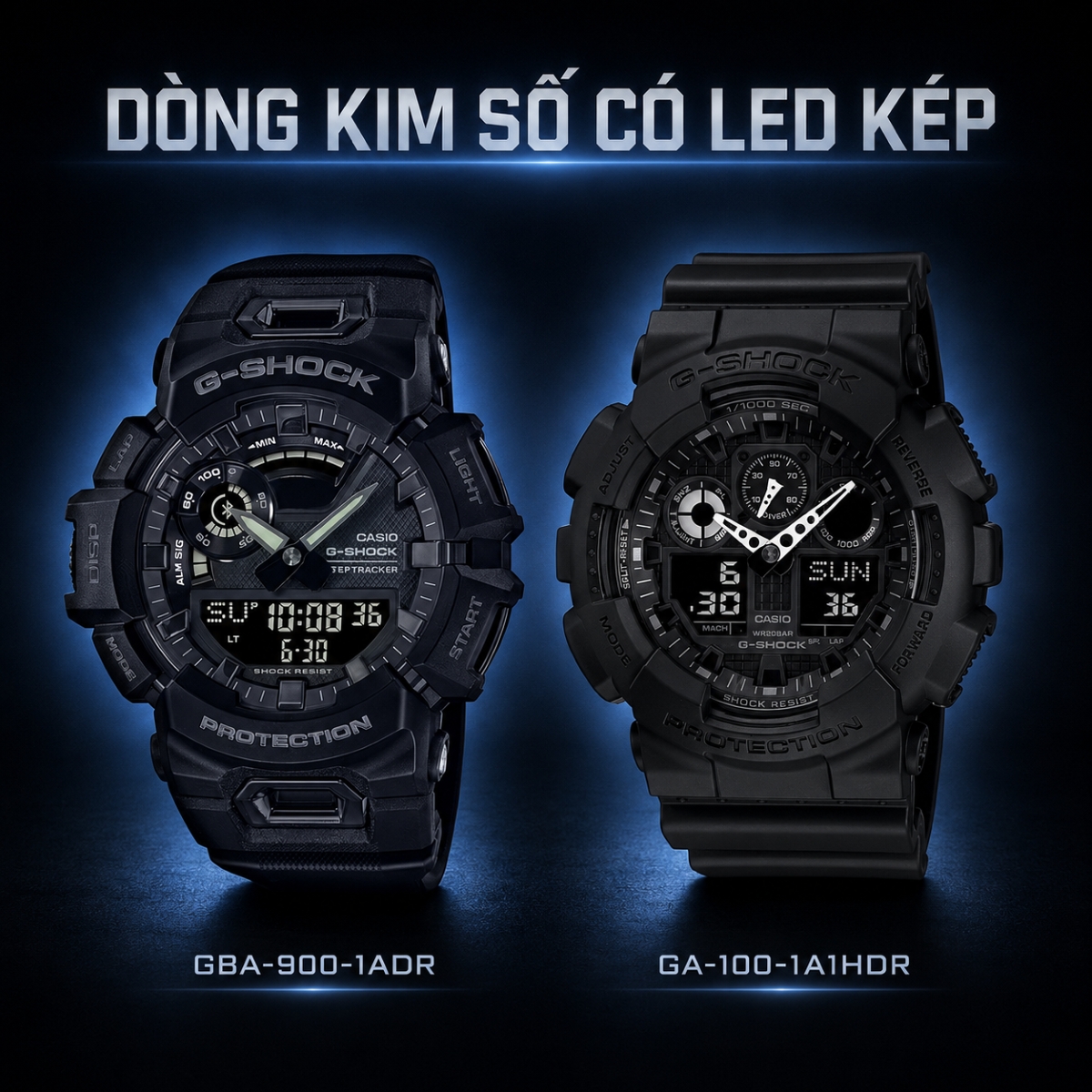 Đồng hồ G-Shock Auto Light GBA-900-1ADR và GA-100-1A1HDR.