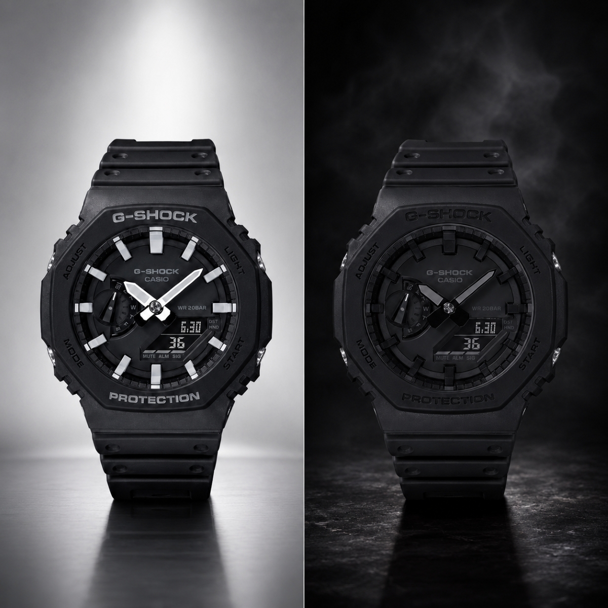 So sánh mặt đồng hồ G-Shock GA dễ đọc và mặt âm toàn đen.