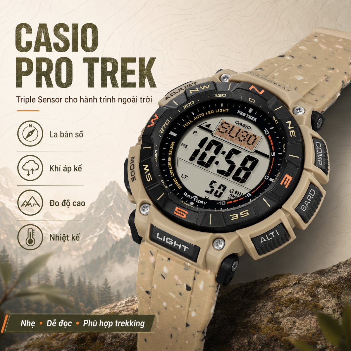 Triple Sensor là nhóm tính năng trung tâm của Casio PRO TREK.