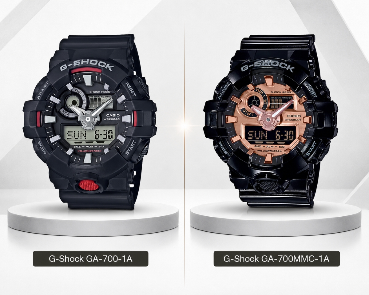 So sánh G-Shock GA-700-1A và G-Shock GA-700MMC-1A với 2 mức giá khác nhau.