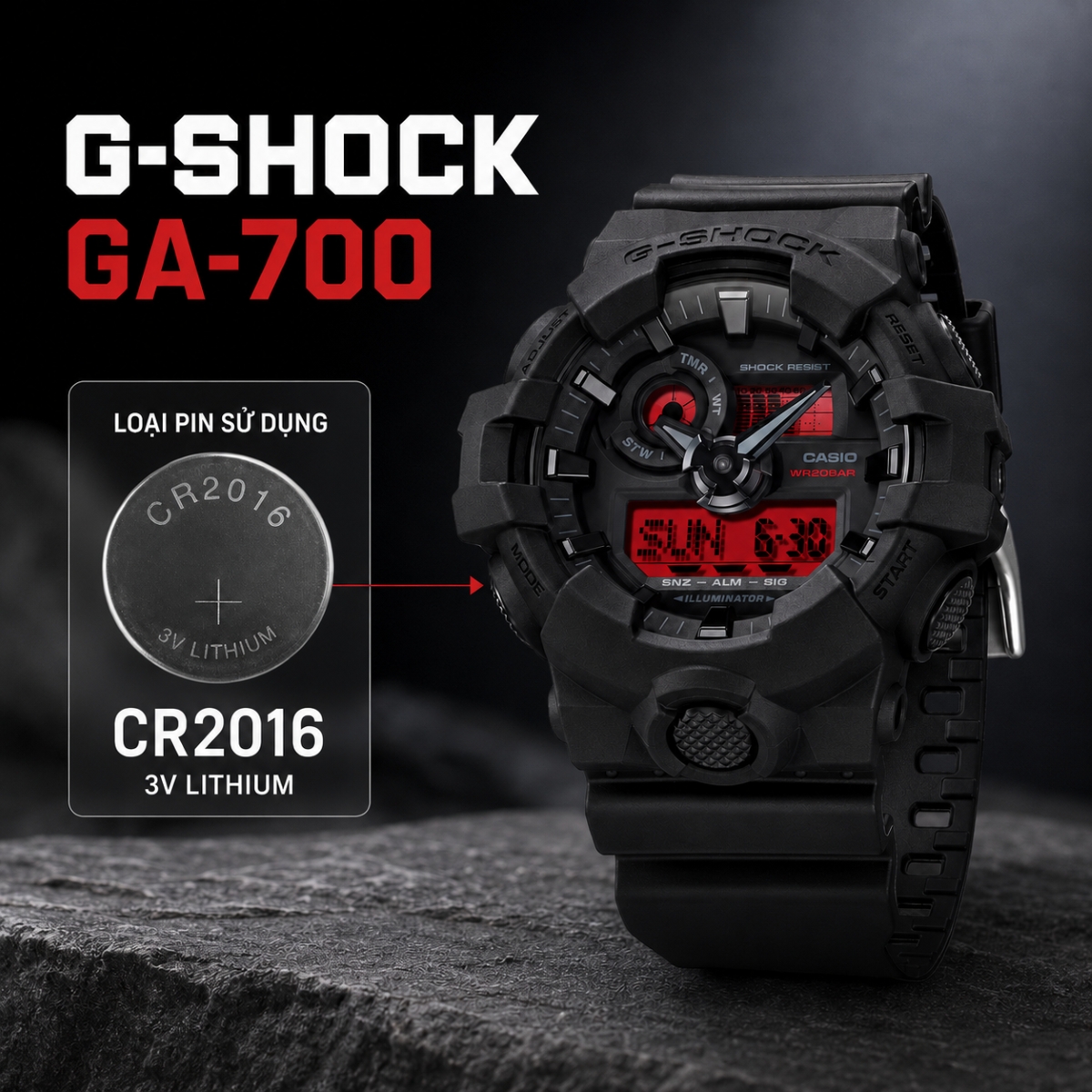 G-Shock GA-700 dùng pin CR2016 3V Lithium.