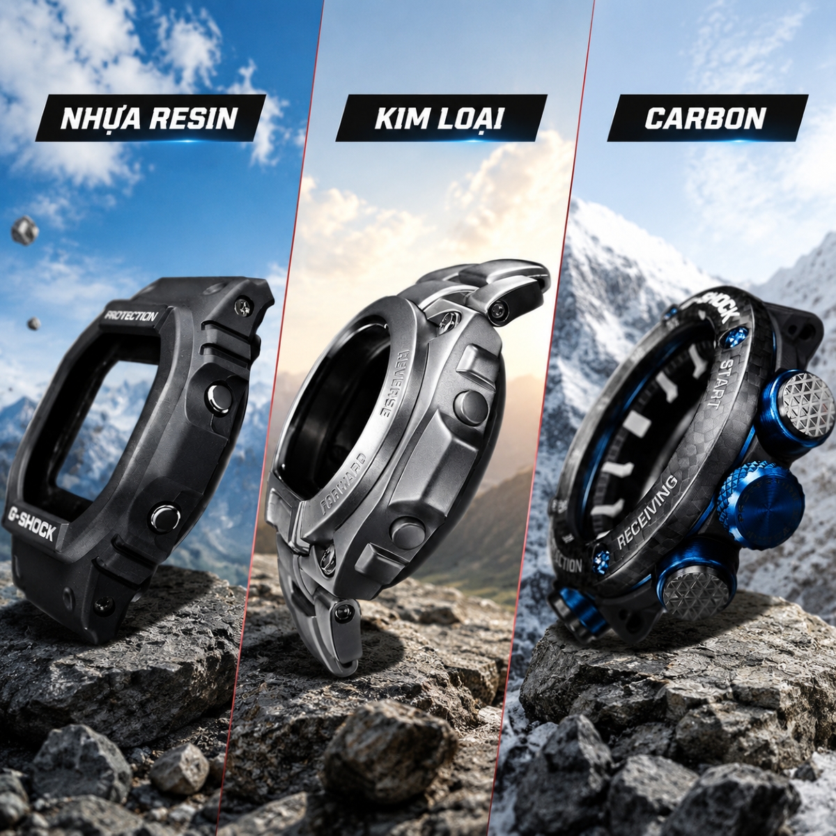 Ba loại vật liệu trên đồng hồ G-Shock.