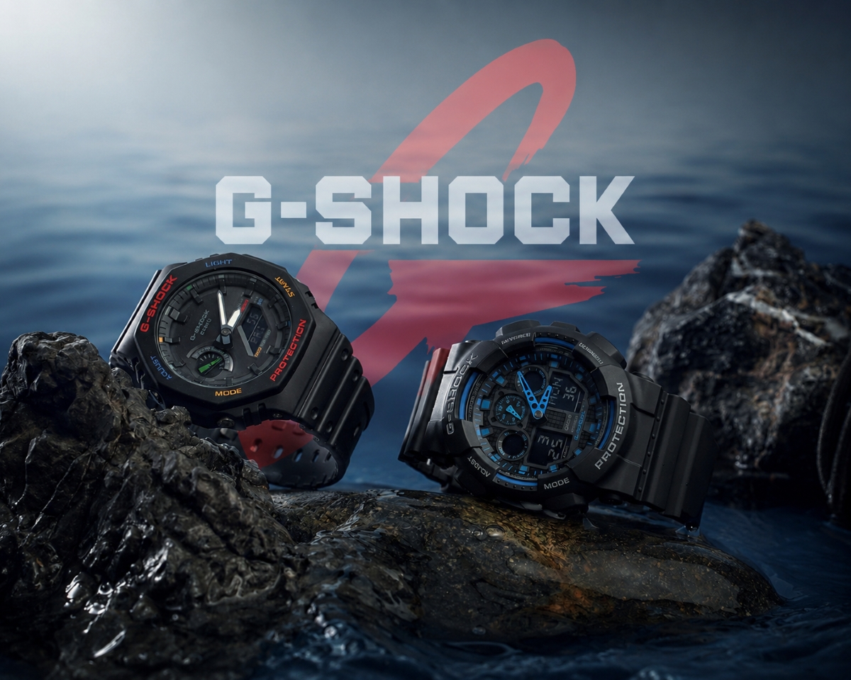 Hai mẫu đồng hồ G-Shock GA đặt trên đá bên mặt nước thể hiện tinh thần chống sốc.