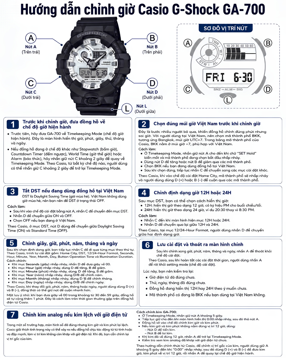 Hướng dẫn chỉnh giờ Casio G-Shock GA-700 với vị trí nút và các bước cài đặt.