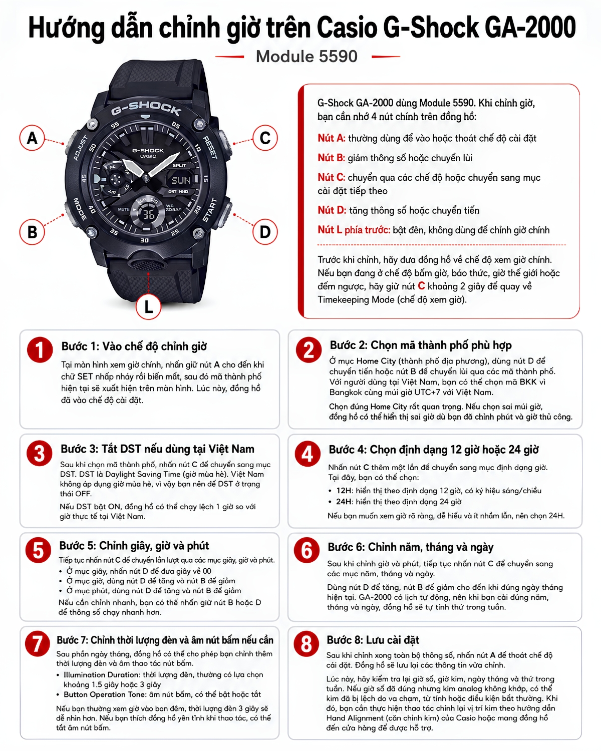 Hướng dẫn chỉnh giờ đồng hồ Casio G-Shock GA-2000.