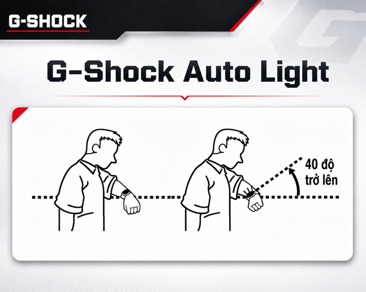 Đồng hồ G-Shock Auto Light tự bật đèn khi nghiêng cổ tay 40 độ.