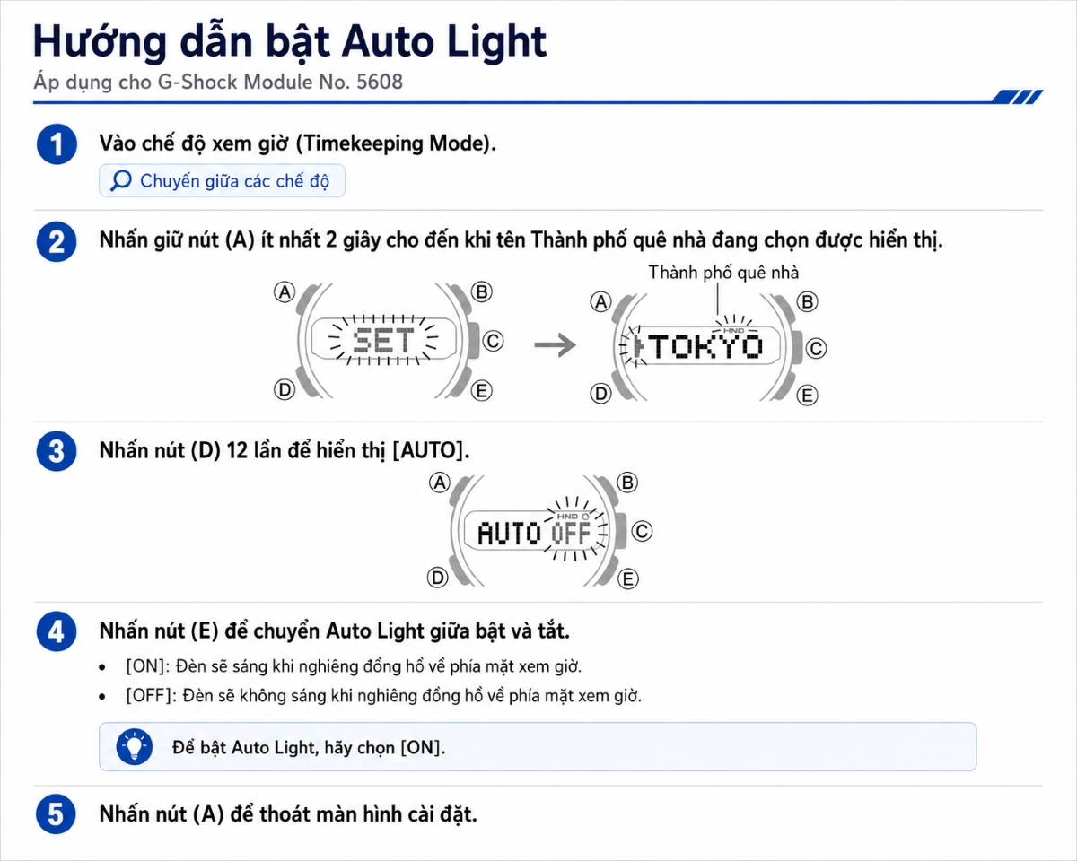 Hướng dẫn Bật chức năng Auto Light trên G-Shock Module 5608.
