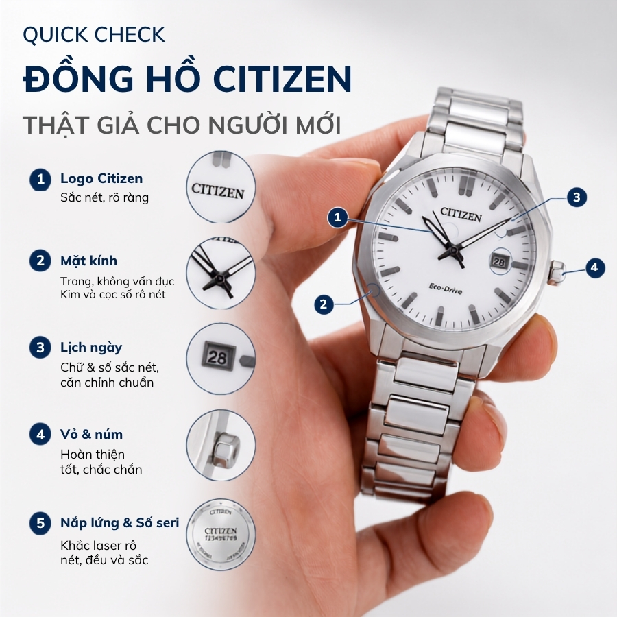 Hướng dẫn 5 điểm kiểm tra nhanh đồng hồ Citizen thật giả gồm logo, mặt kính, lịch ngày, vỏ núm và nắp lưng.