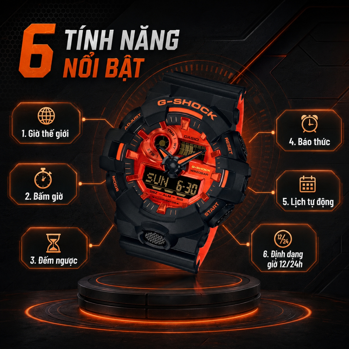 Sáu tính năng nổi bật của G-Shock GA-700 gồm giờ thế giới, bấm giờ, đếm ngược, báo thức, lịch tự động và định dạng giờ 12/24h.