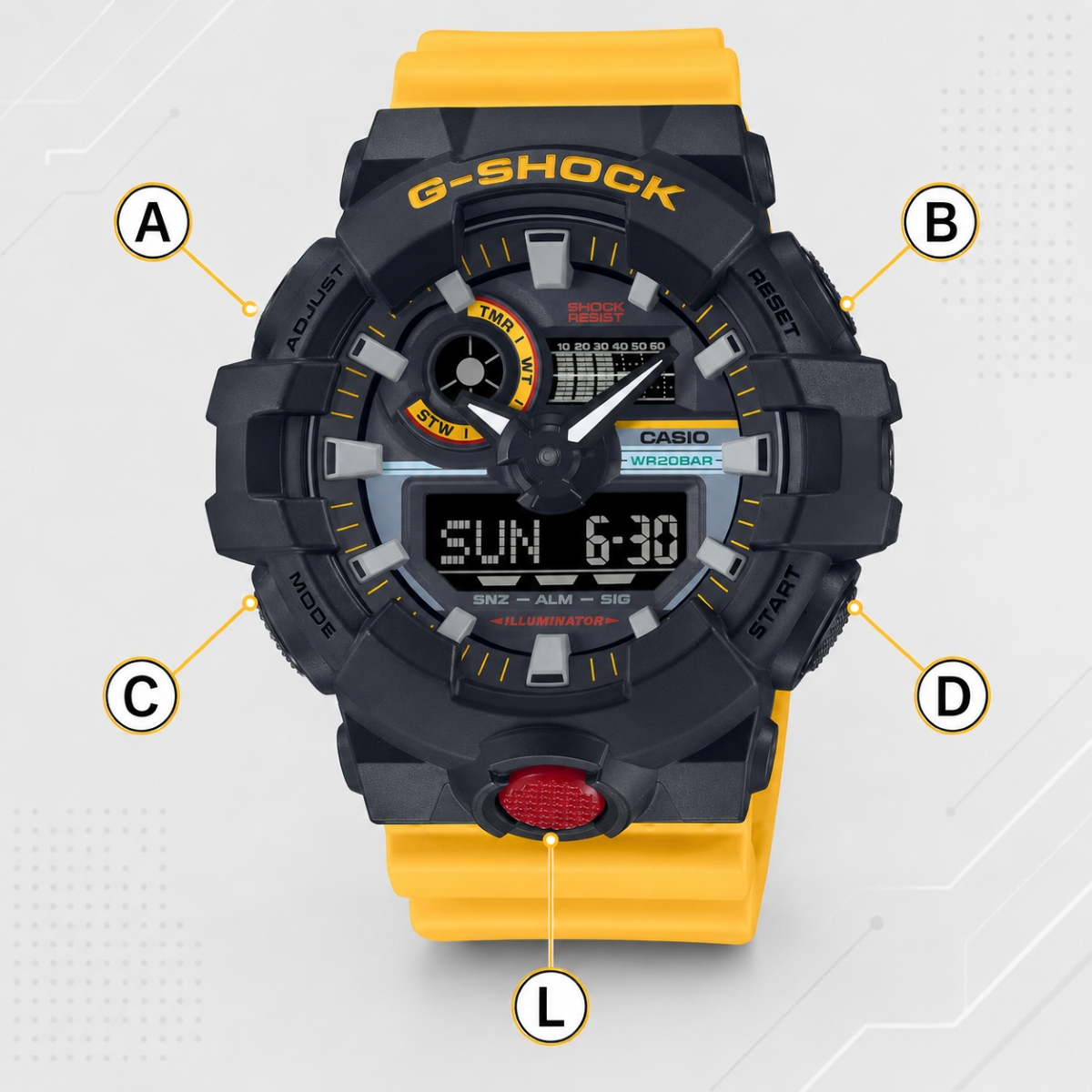 Vị trí các nút A, B, C, D và L trên đồng hồ G-Shock GA-700 để Hand Shift.