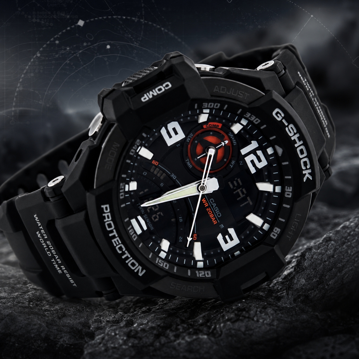 G-Shock GA-1000-1A màu đen tích hợp la bàn số phong cách hàng không.