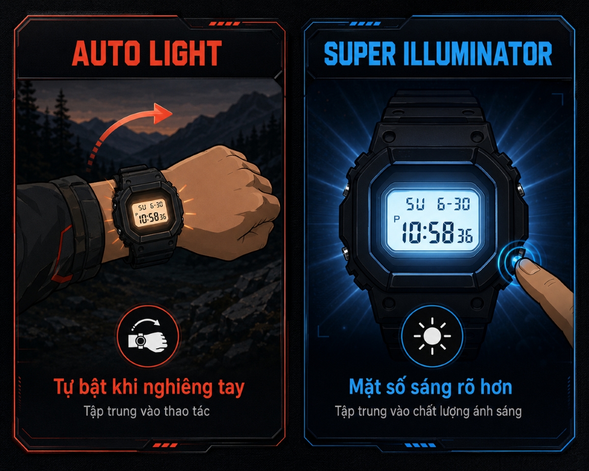 Sự khác nhau giữa Auto Light và Super Illuminator trên G-Shock.