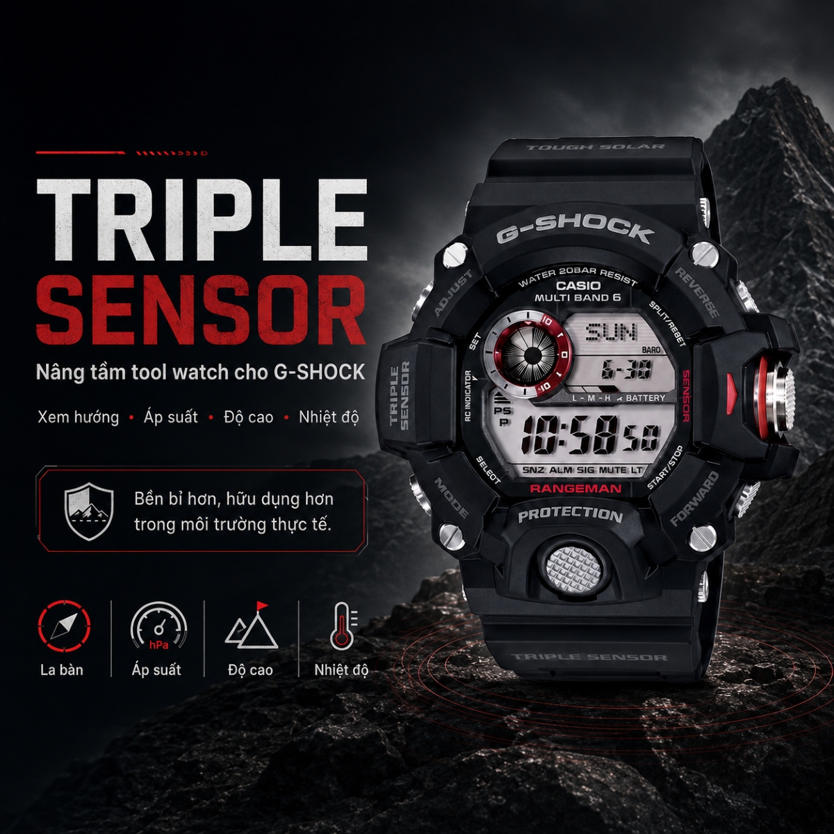 G-Shock Rangeman GW-9400-1DR có công nghệ Triple Sensor.