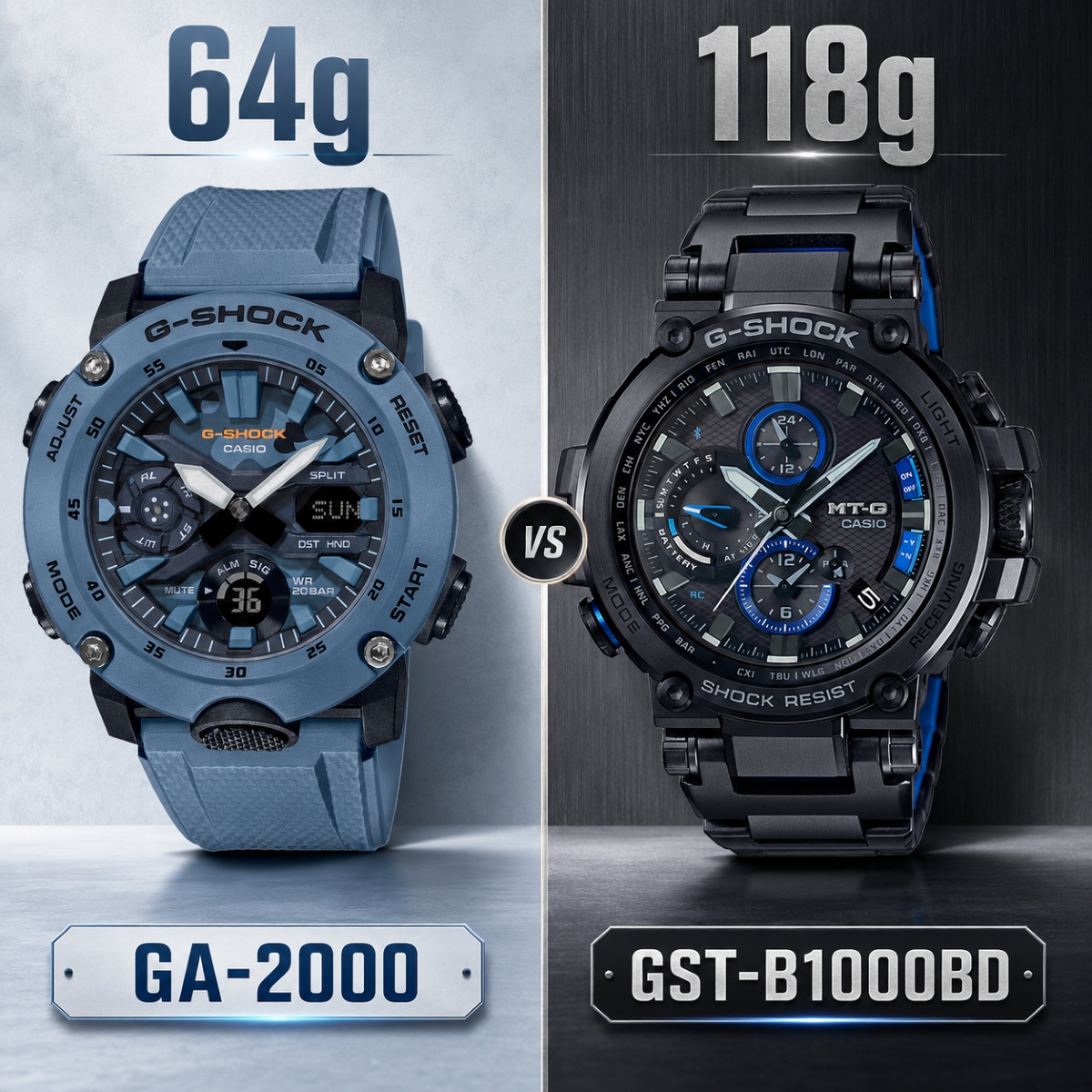 So sánh trọng lượng đồng hồ G-Shock Carbon và G-Shock kim loại.