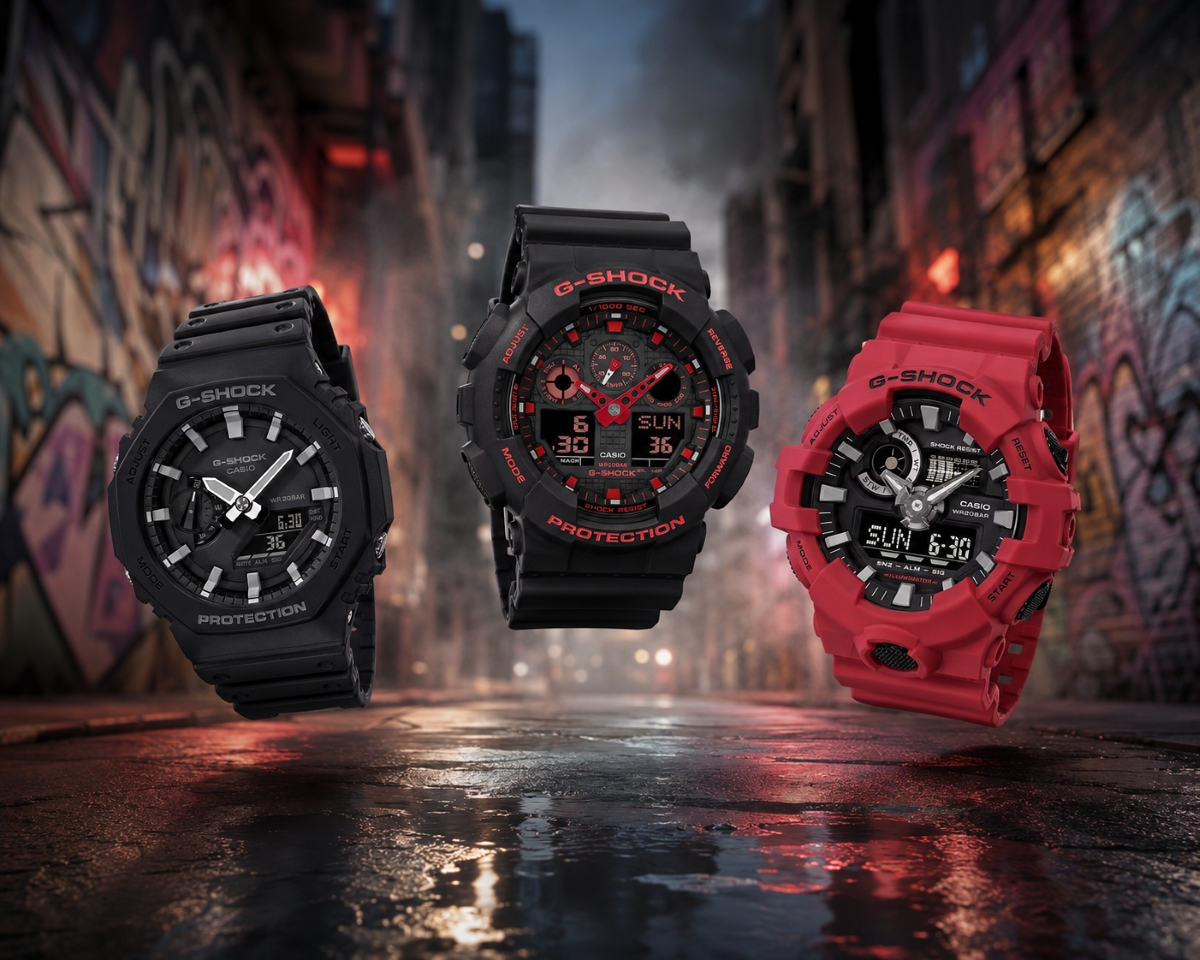 Bộ ba đồng hồ G-Shock GA-2100, GA-100 và GA-700 phong cách streetwear.