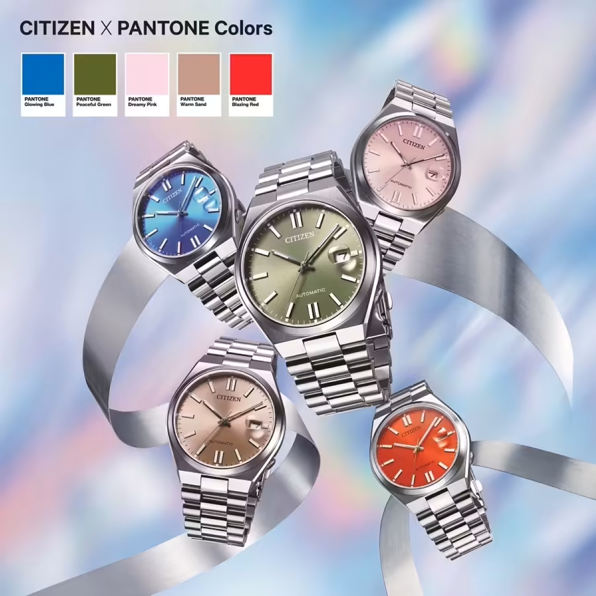 Bộ sưu tập 'CITIZEN X PANTONE Colors' hiển thị 5 chiếc đồng hồ Citizen Tsuyosa với các màu mặt số gồm xanh dương, xanh lá, hồng, vàng cát và đỏ cam
