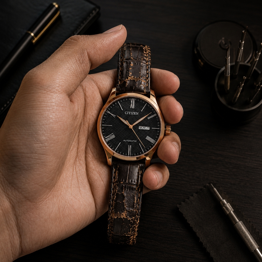 Hiện tượng nứt nẻ và bong tróc lớp bề mặt trên dây da đồng hồ Citizen Automatic sau quá trình sử dụng lâu ngày.