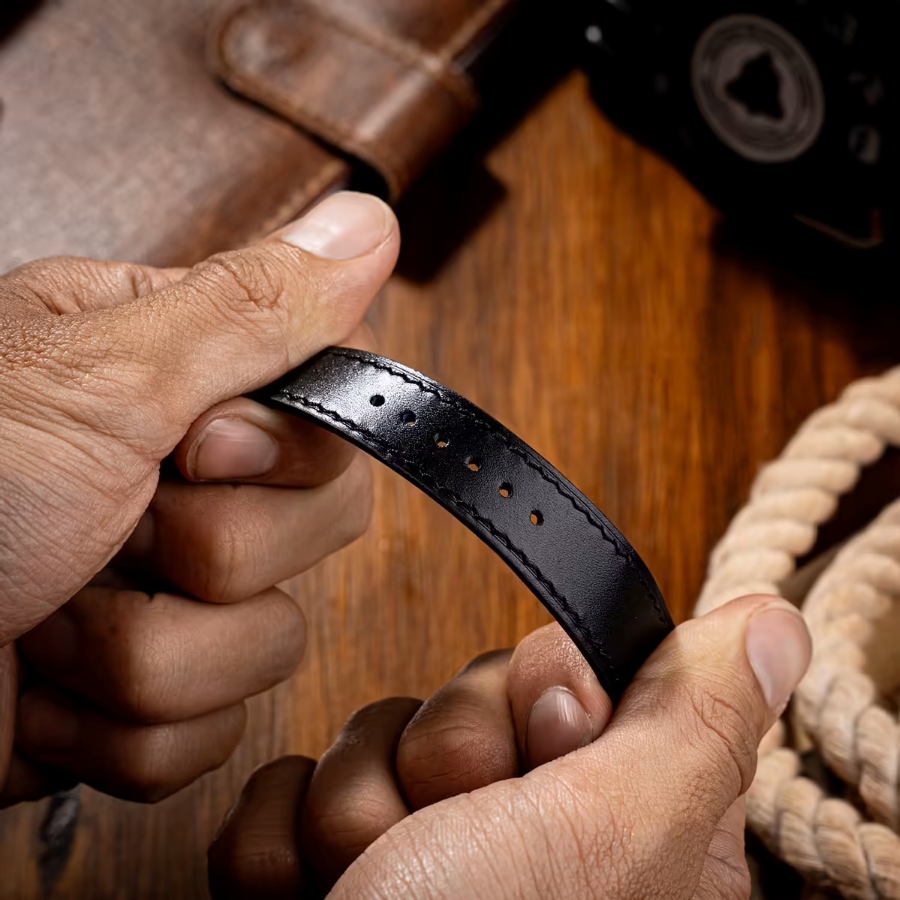 Kiểm tra độ bền và độ hoàn thiện của dây da Masamu handmade.