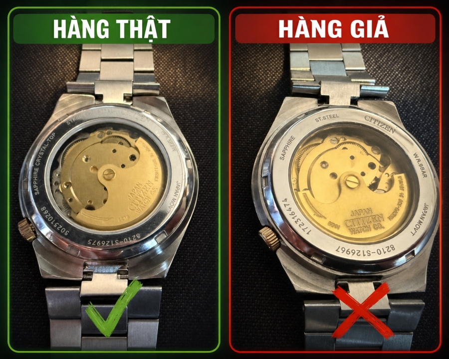 So sánh nắp lưng lộ cơ của đồng hồ Citizen thật và giả, cho thấy sự khác biệt về độ sắc nét của bộ máy và chữ khắc.