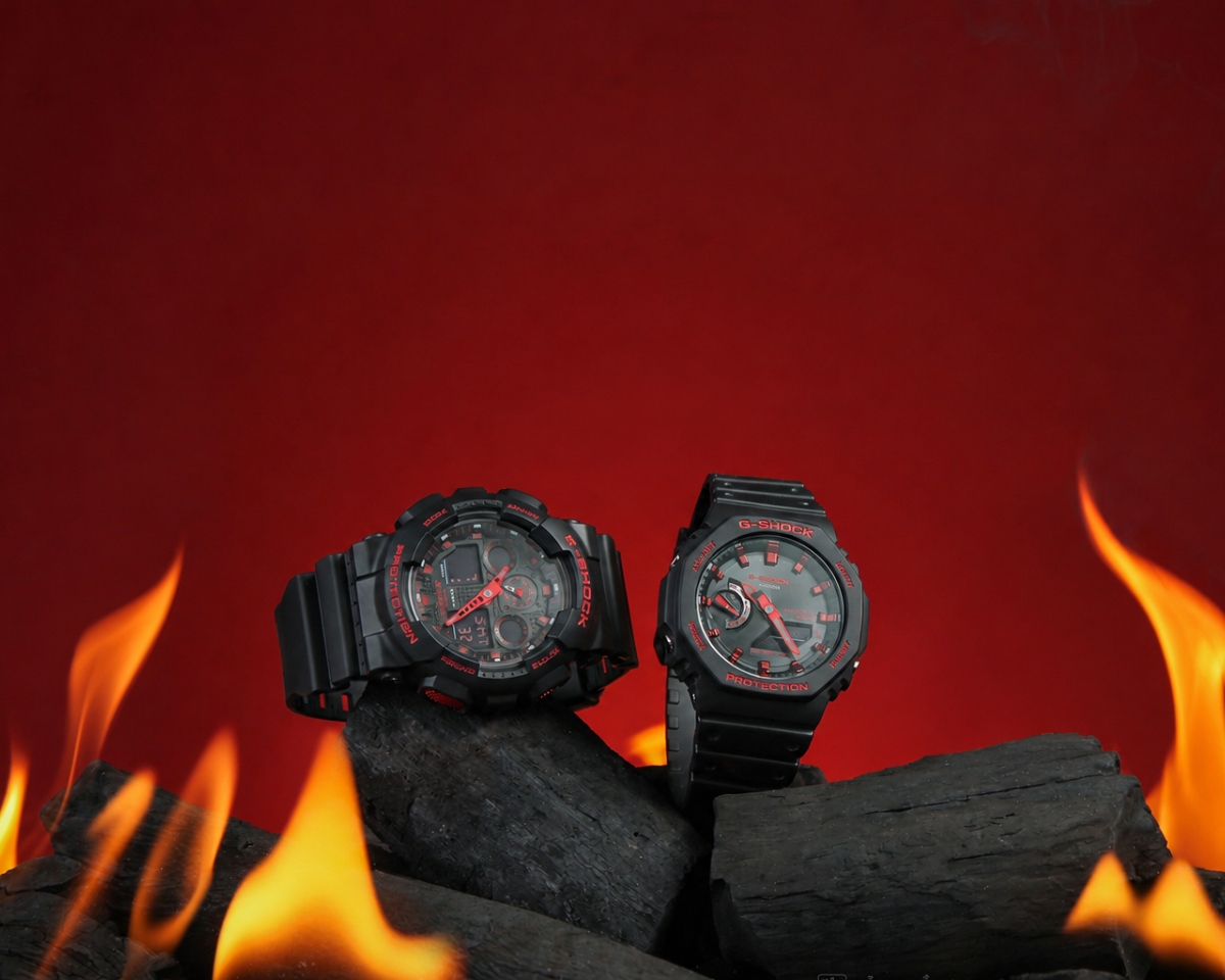 Bộ đôi G-Shock GA-100BNR-1ADR và GA-B2100BNR-1ADR màu đỏ đen