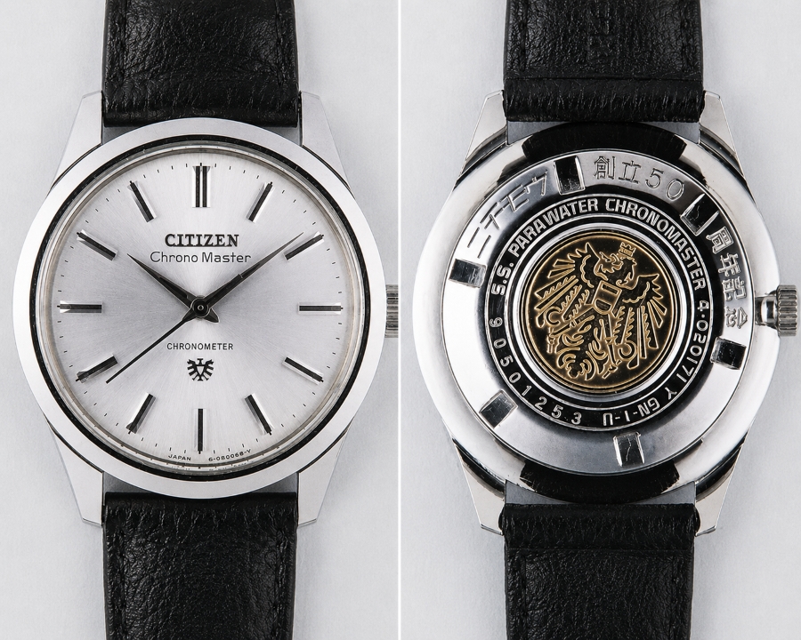 Mặt số bạc chải tia và nắp đáy đính huy hiệu Đại bàng vàng phiên bản Citizen Chrono Master 1967.