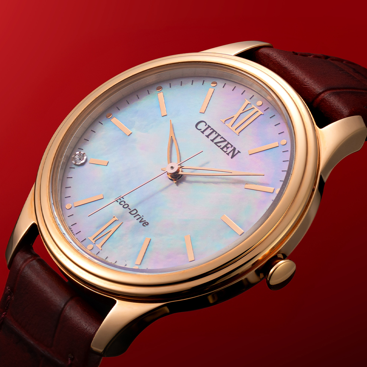 Citizen EM0419-11D dây da màu đỏ nổi bật và đính đá sang trọng